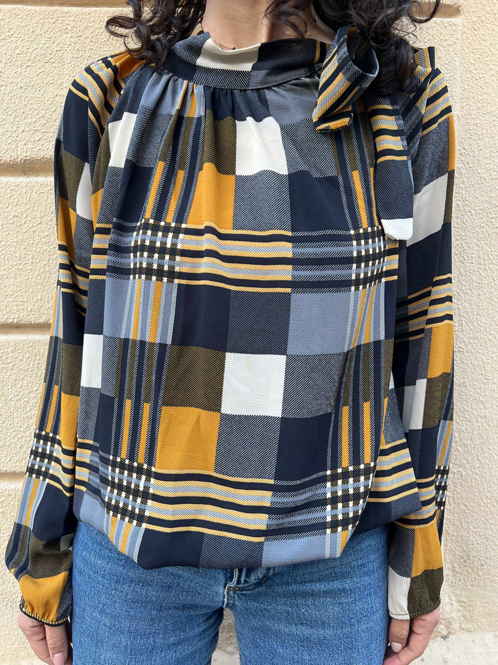 Plaid High Neck Blouse with Shoulder Bow Detail