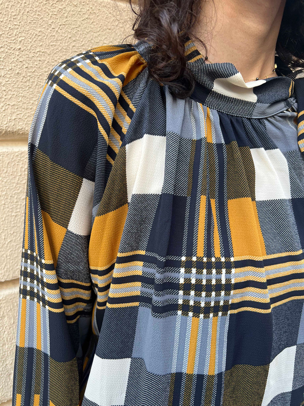 Plaid High Neck Blouse with Shoulder Bow Detail