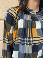 Plaid High Neck Blouse with Shoulder Bow Detail