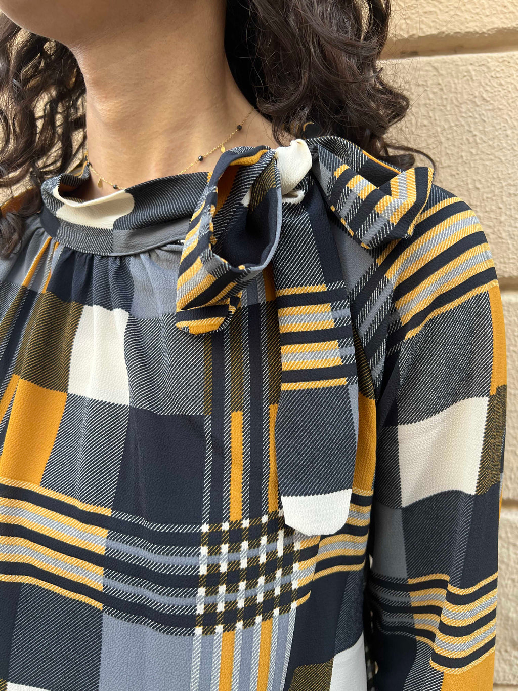 Plaid High Neck Blouse with Shoulder Bow Detail