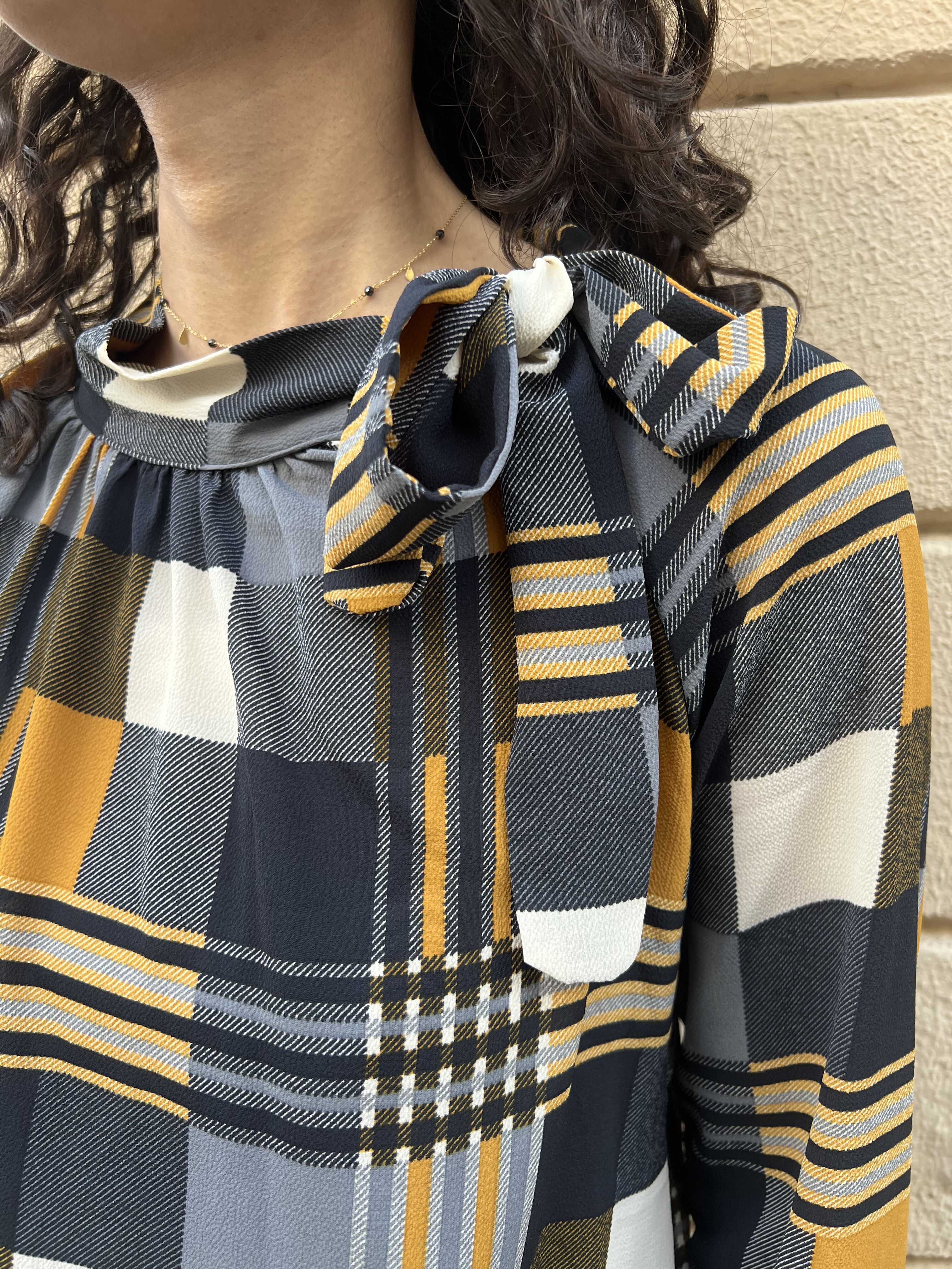 Plaid High Neck Blouse with Shoulder Bow Detail