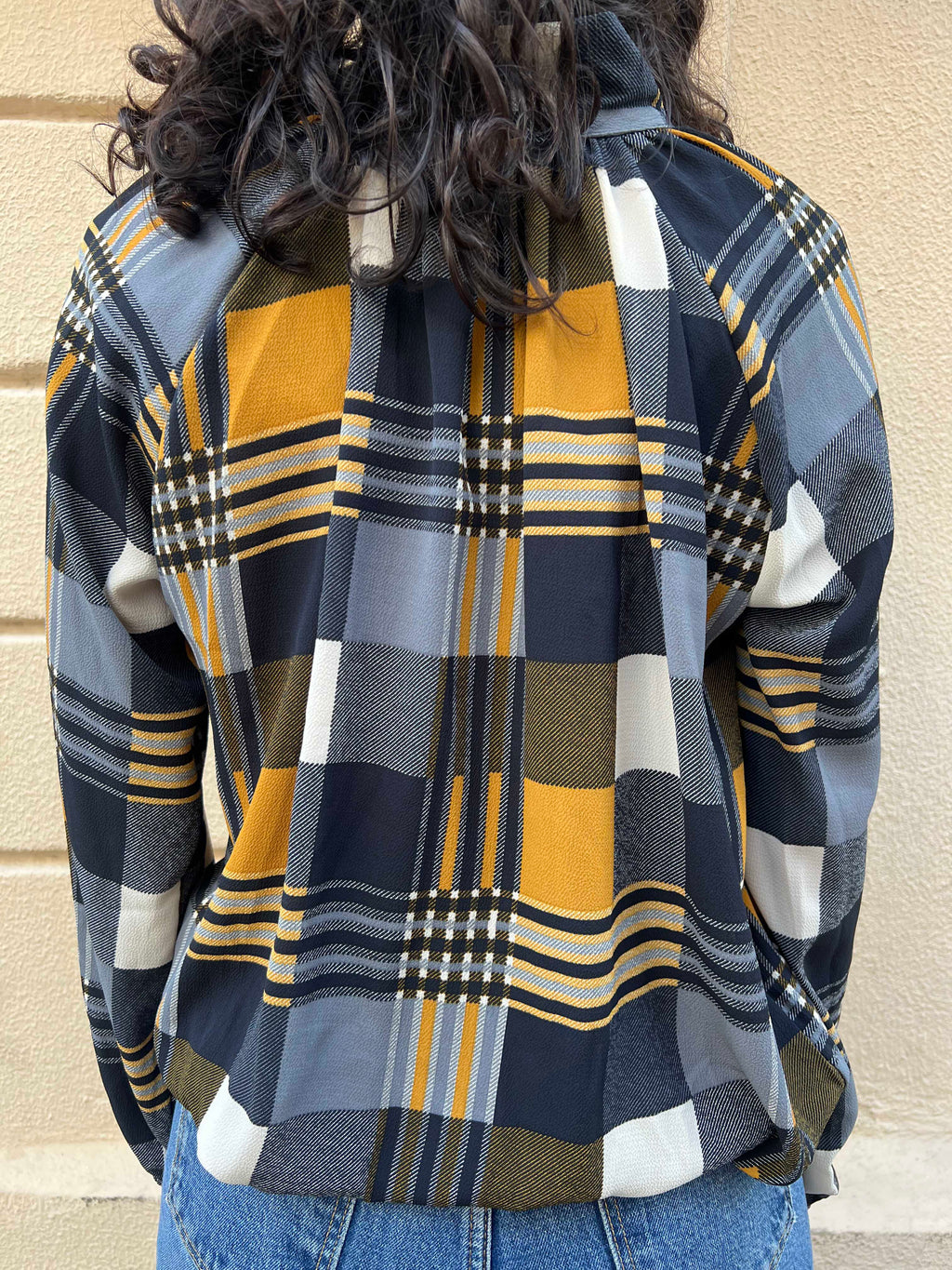 Plaid High Neck Blouse with Shoulder Bow Detail