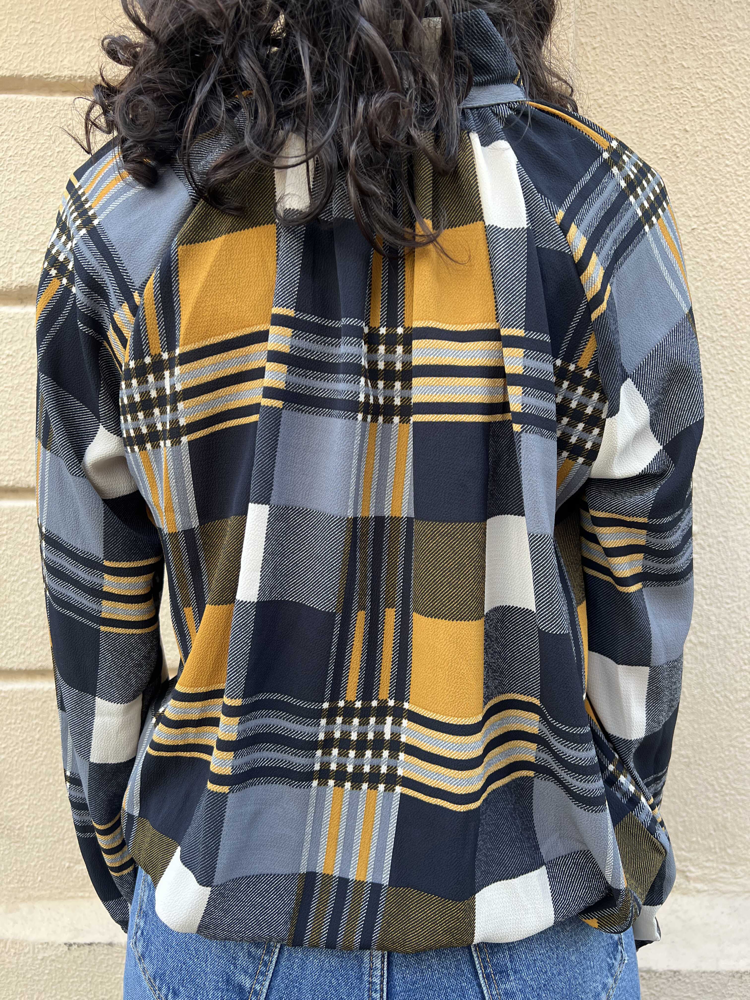 Plaid High Neck Blouse with Shoulder Bow Detail