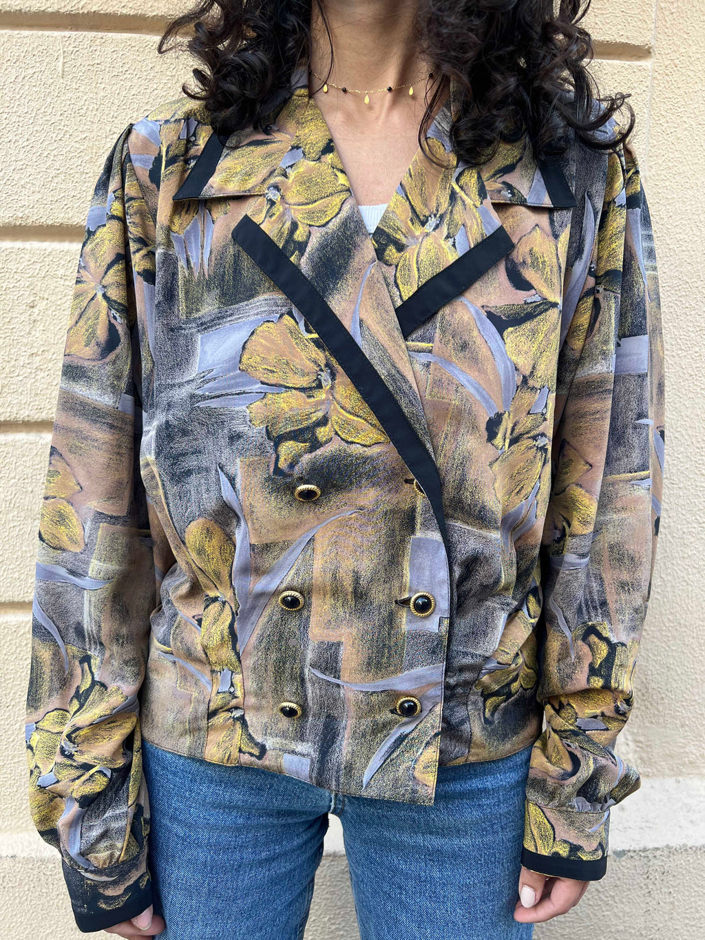 80s Abstract Floral Double-Breasted Blouse