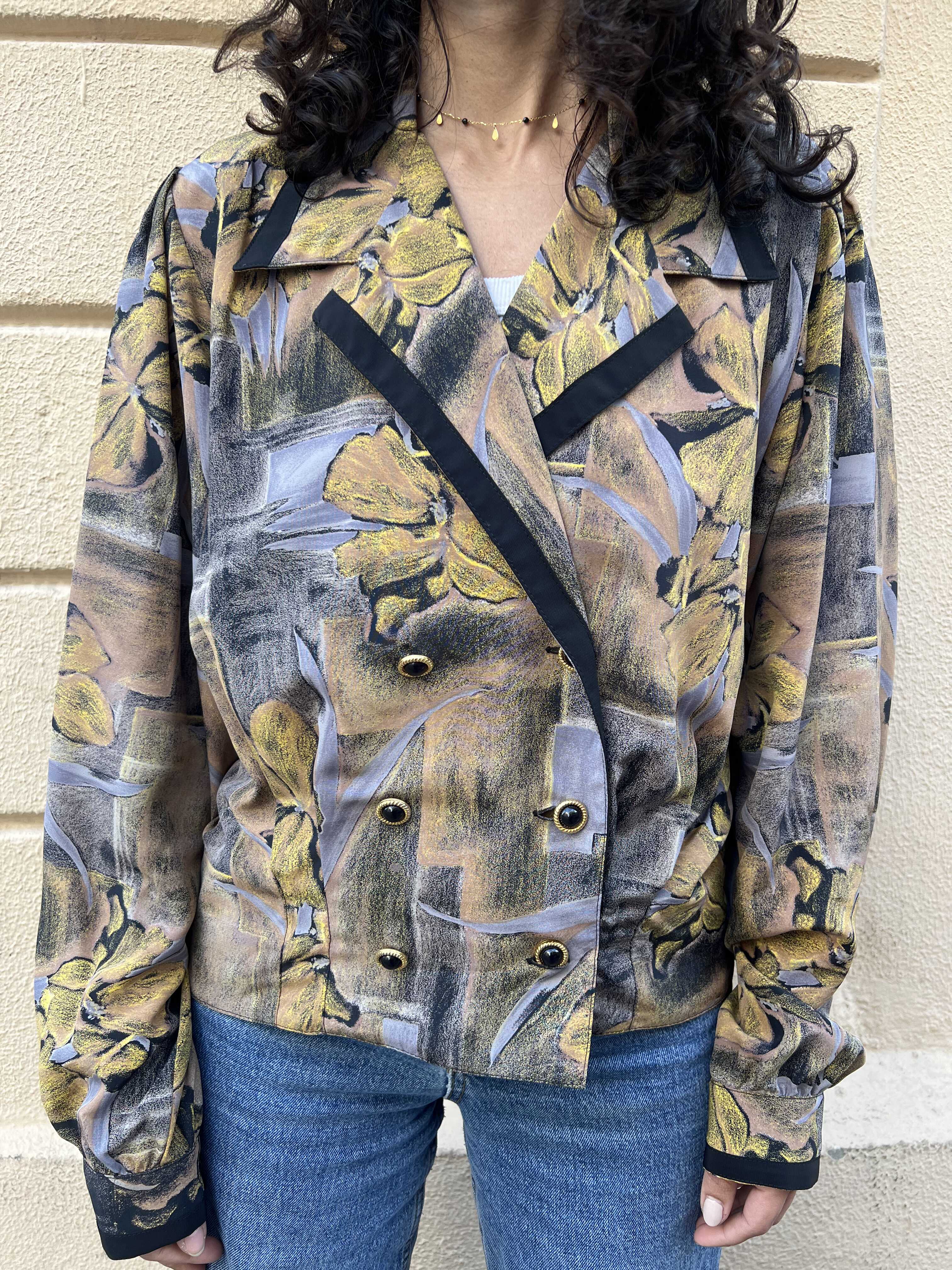 80s Abstract Floral Double-Breasted Blouse