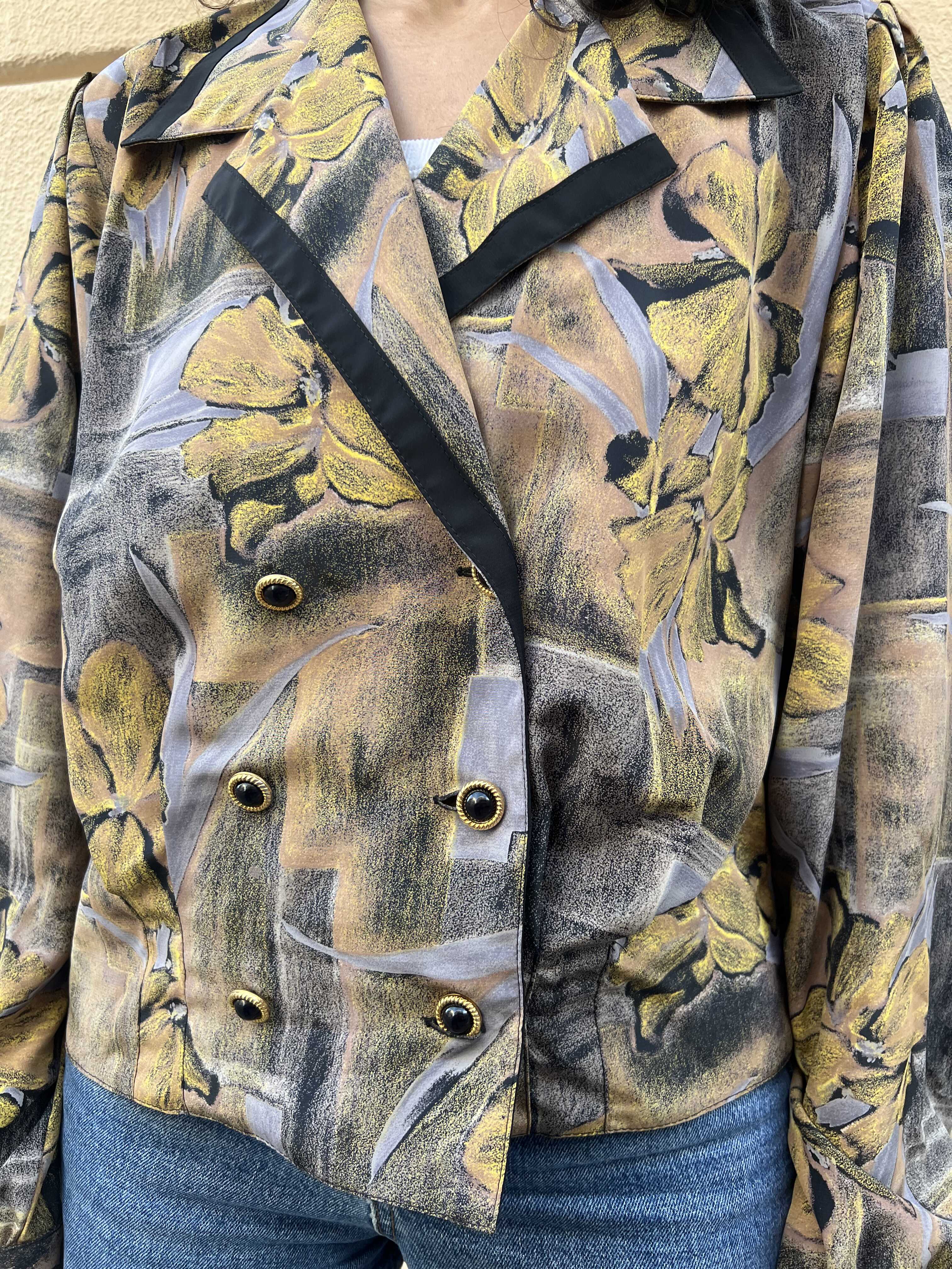 80s Abstract Floral Double-Breasted Blouse