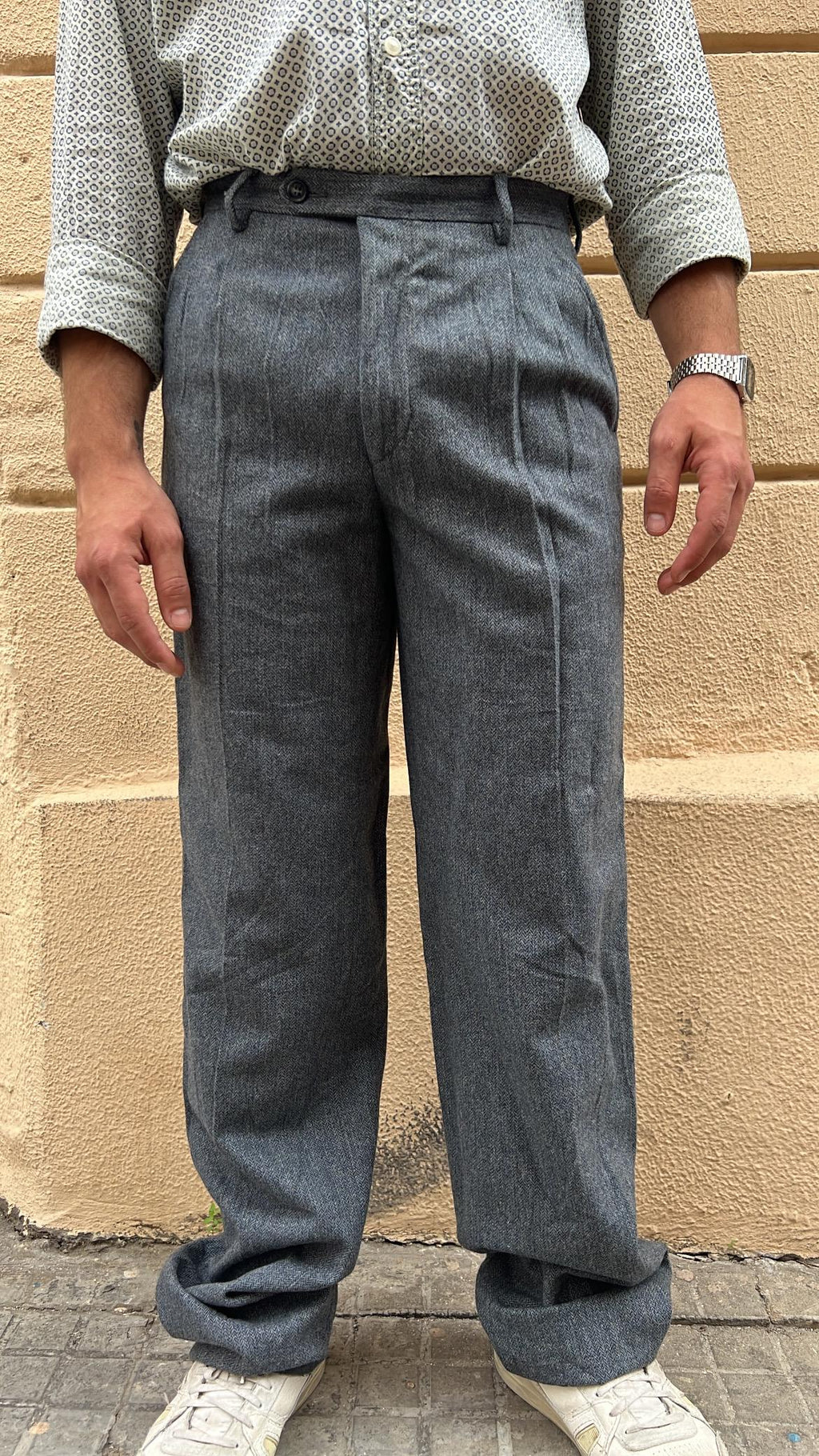 Grey Pleated Wool Pants