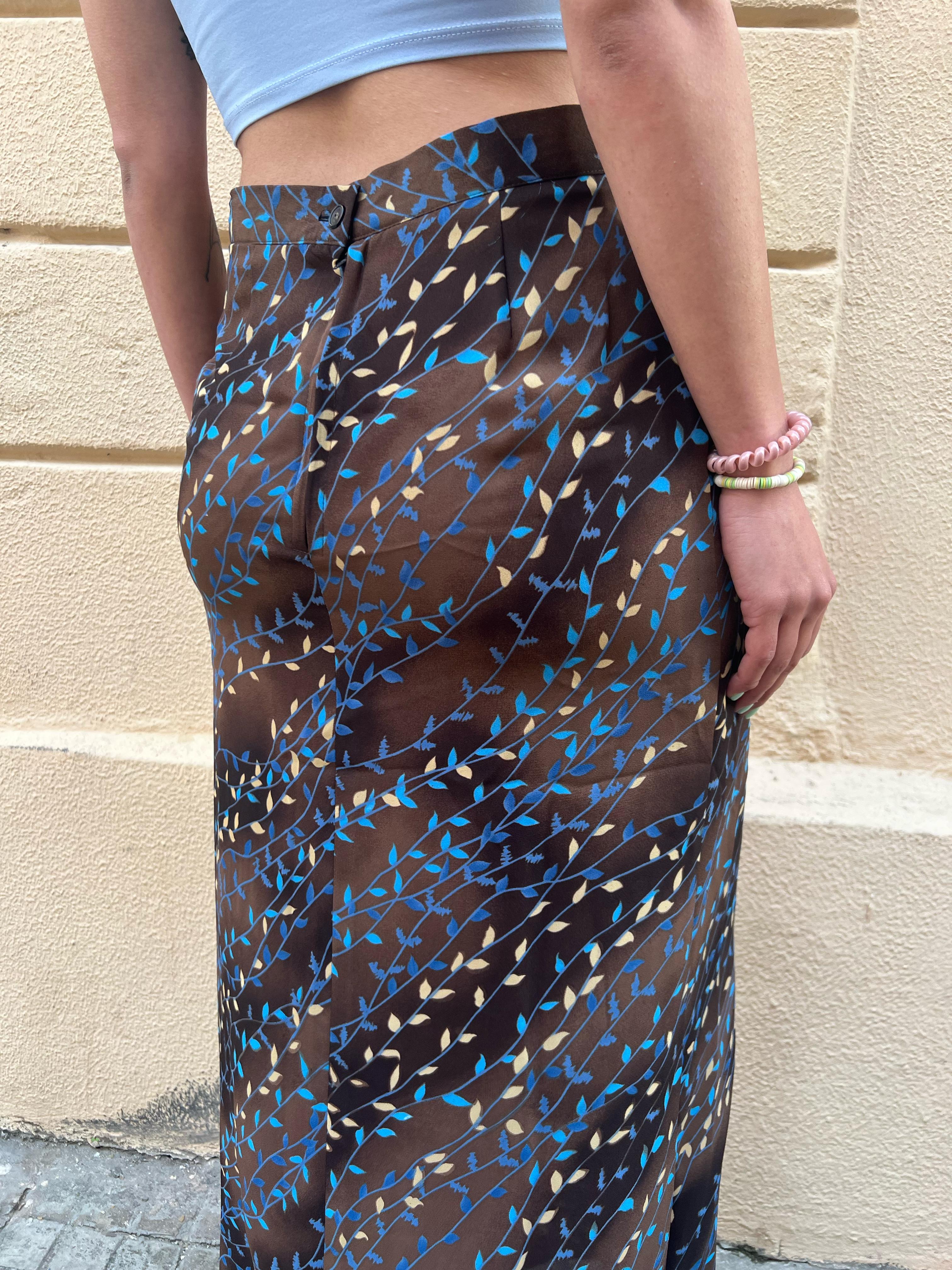 Brown Long Skirt with Leaf Print