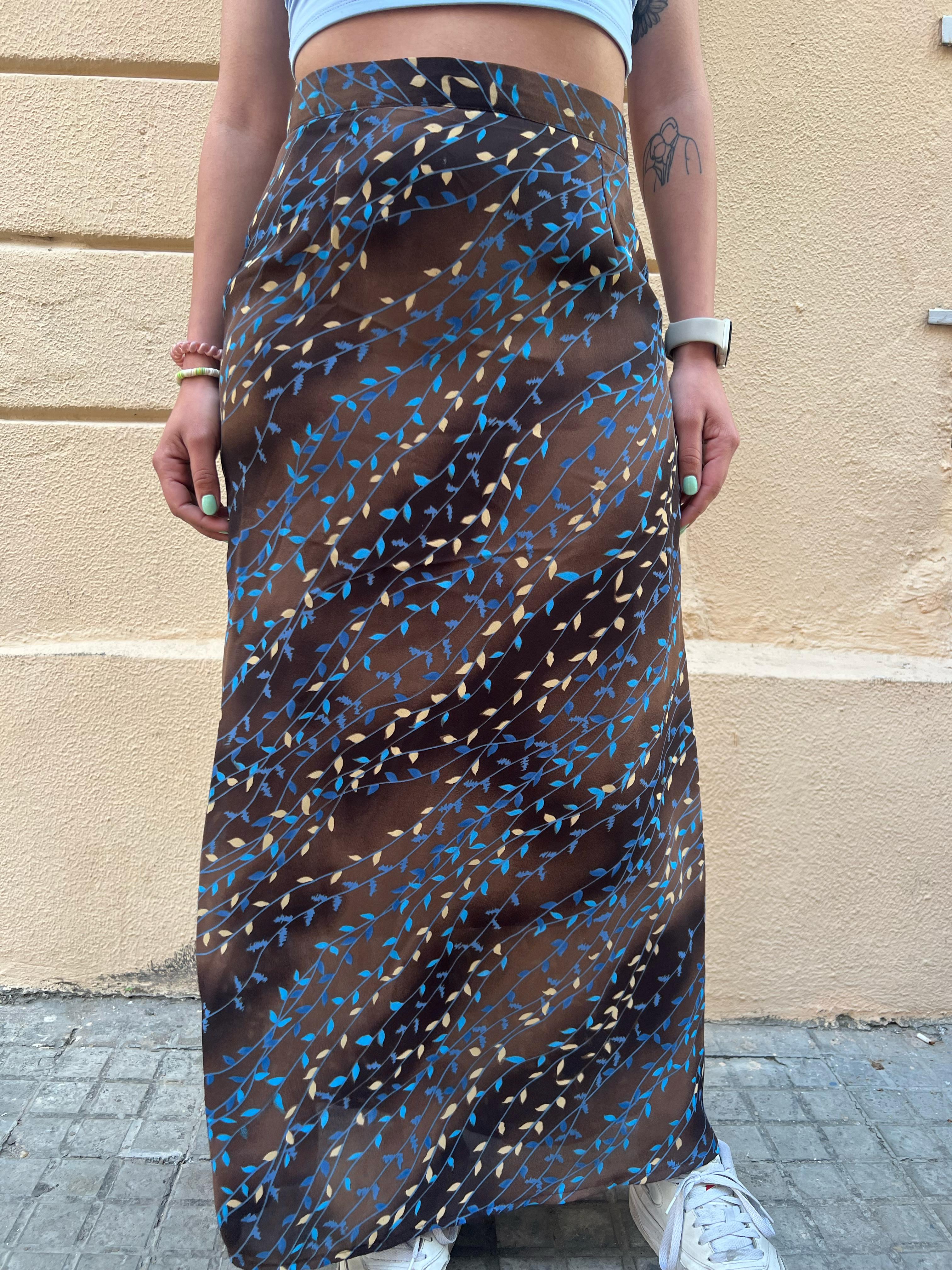 Brown Long Skirt with Leaf Print