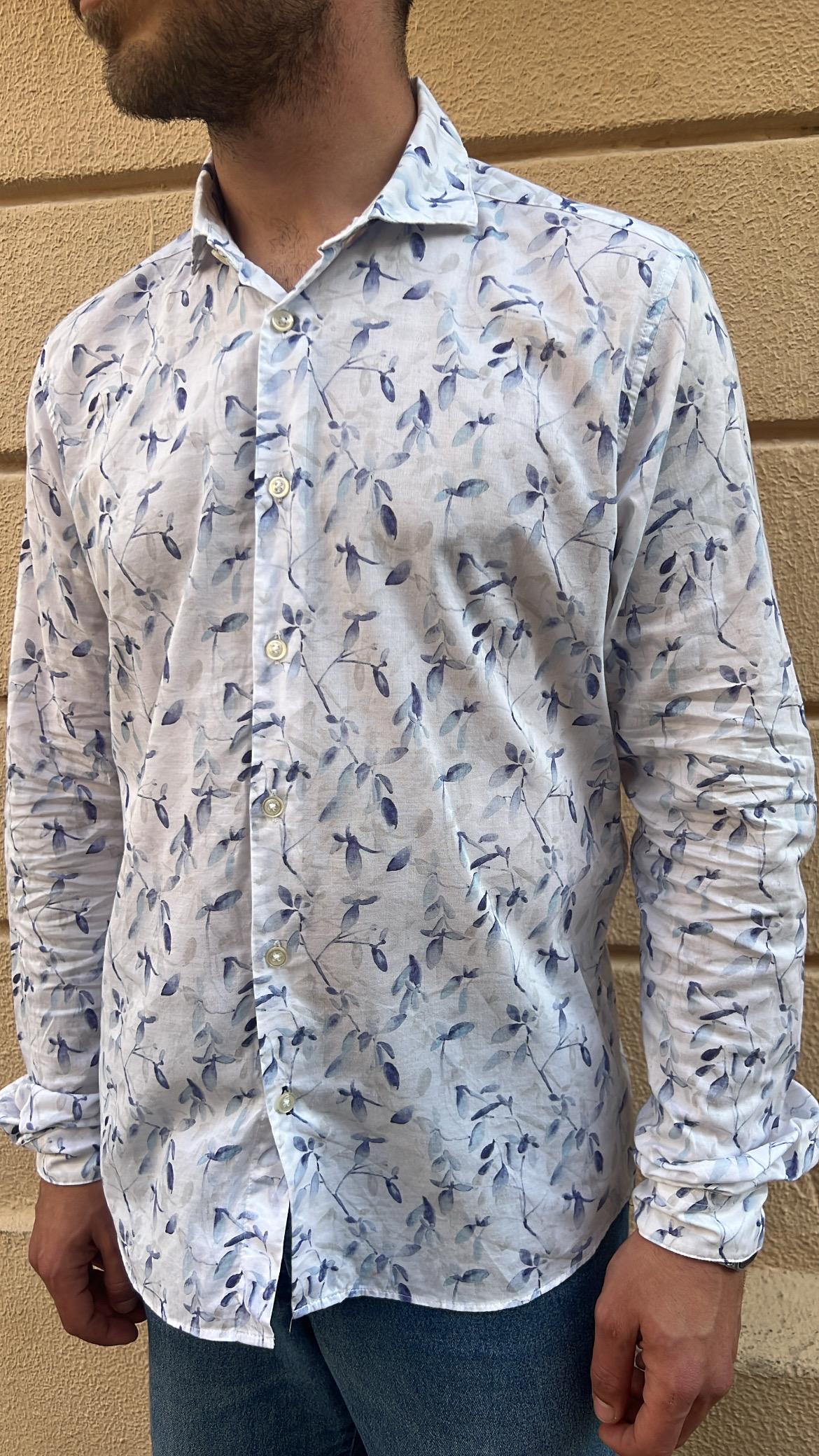 White & Blue Leaf Print Shirt