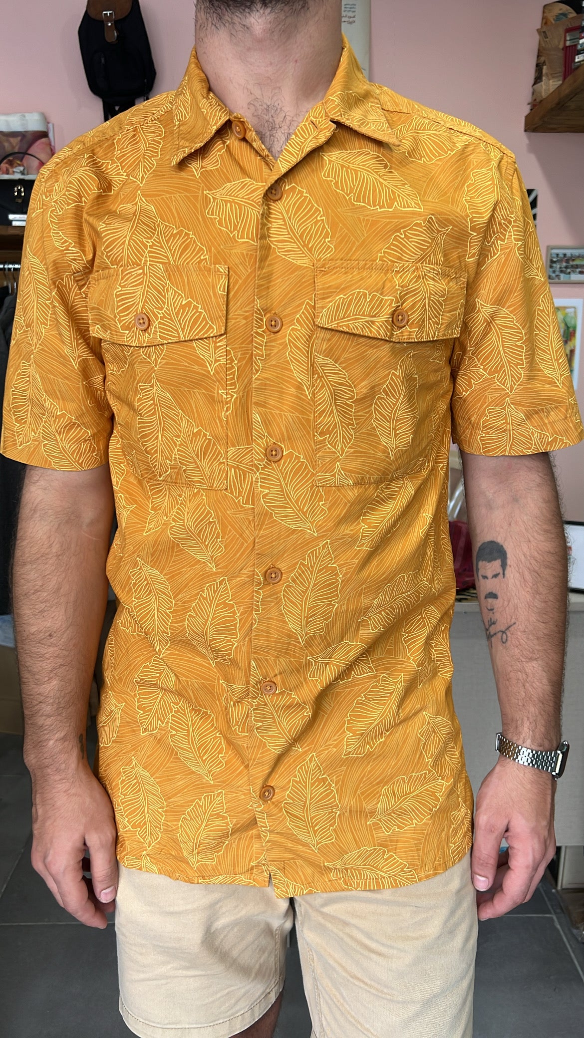 Mustard Yellow Leaf Print Shirt