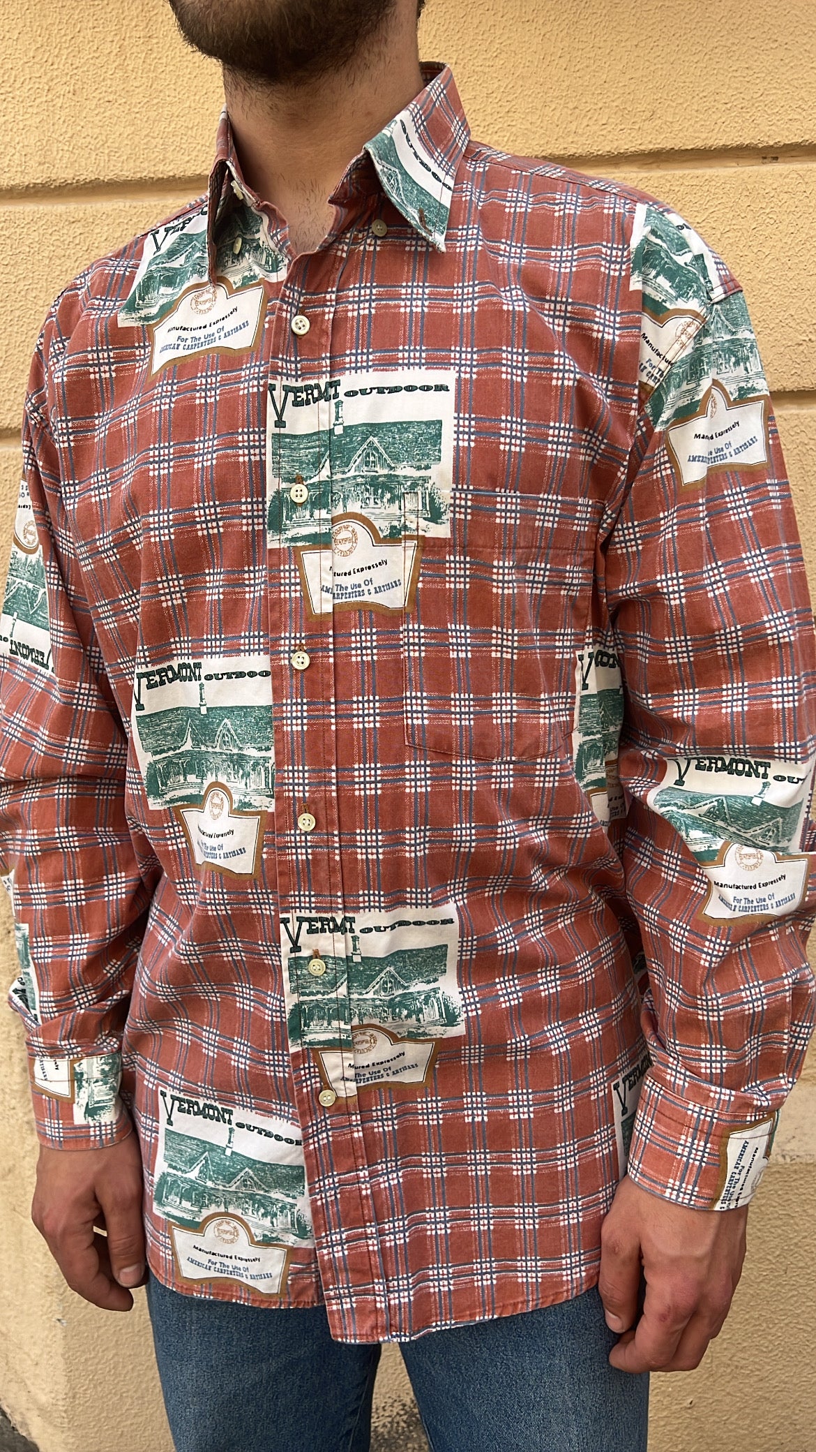Rust Plaid and Collage Print Casual Shirt