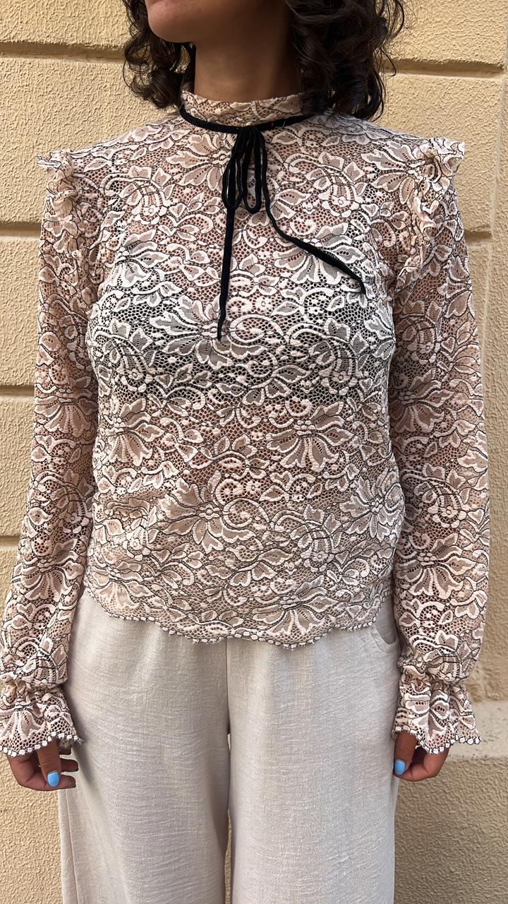 Sheer Lace Ruffle Blouse