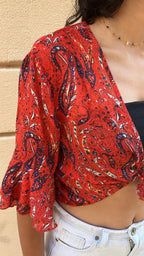 Red Paisley Tie-Front Top
