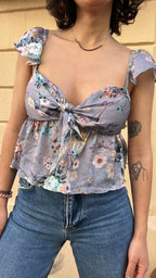Grey Floral Tie-Front Peplum Top