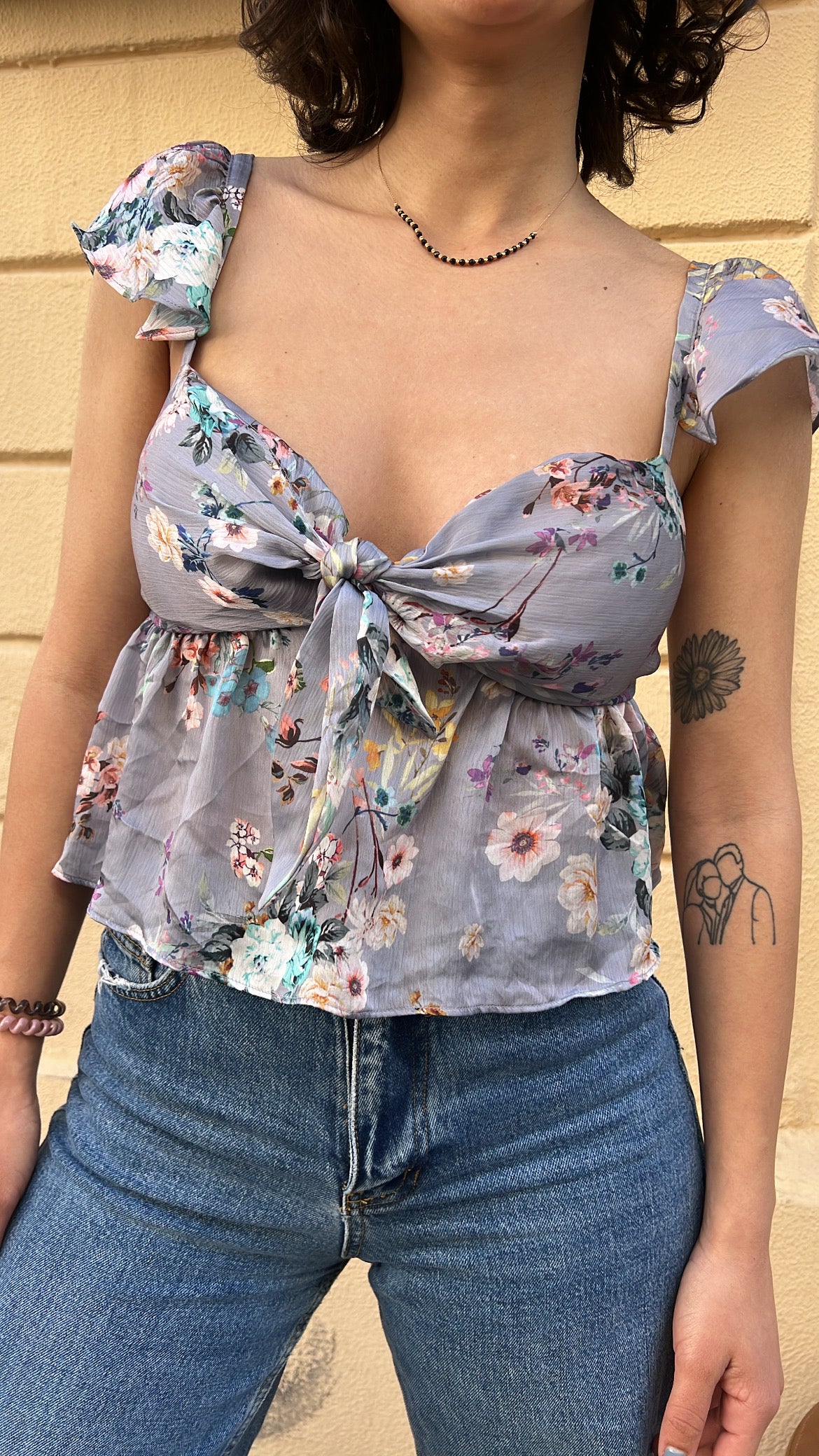 Grey Floral Tie-Front Peplum Top