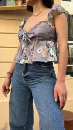 Grey Floral Tie-Front Peplum Top