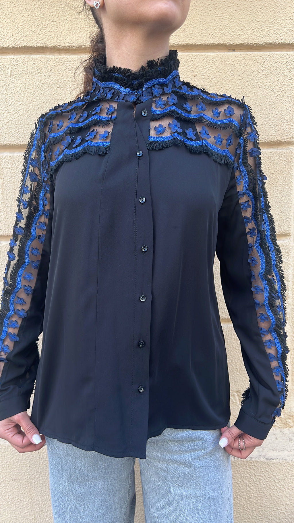 Black Blouse with Blue Floral Lace Detail