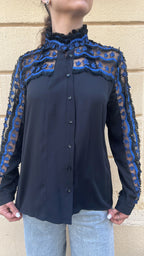 Black Blouse with Blue Floral Lace Detail